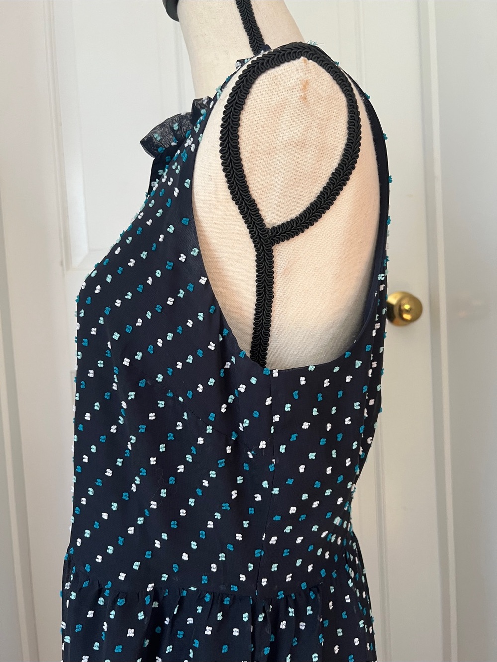 Loft Outlet Navy Blue, Sleeveless Midi Dress, White/Teal Clip Dot, Lined, Sz 12 - Picture 7 of 9